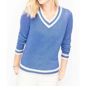 Talbots Linen V-Neck Varsity Style Sweater in Blue‎ and White, Size Medium
